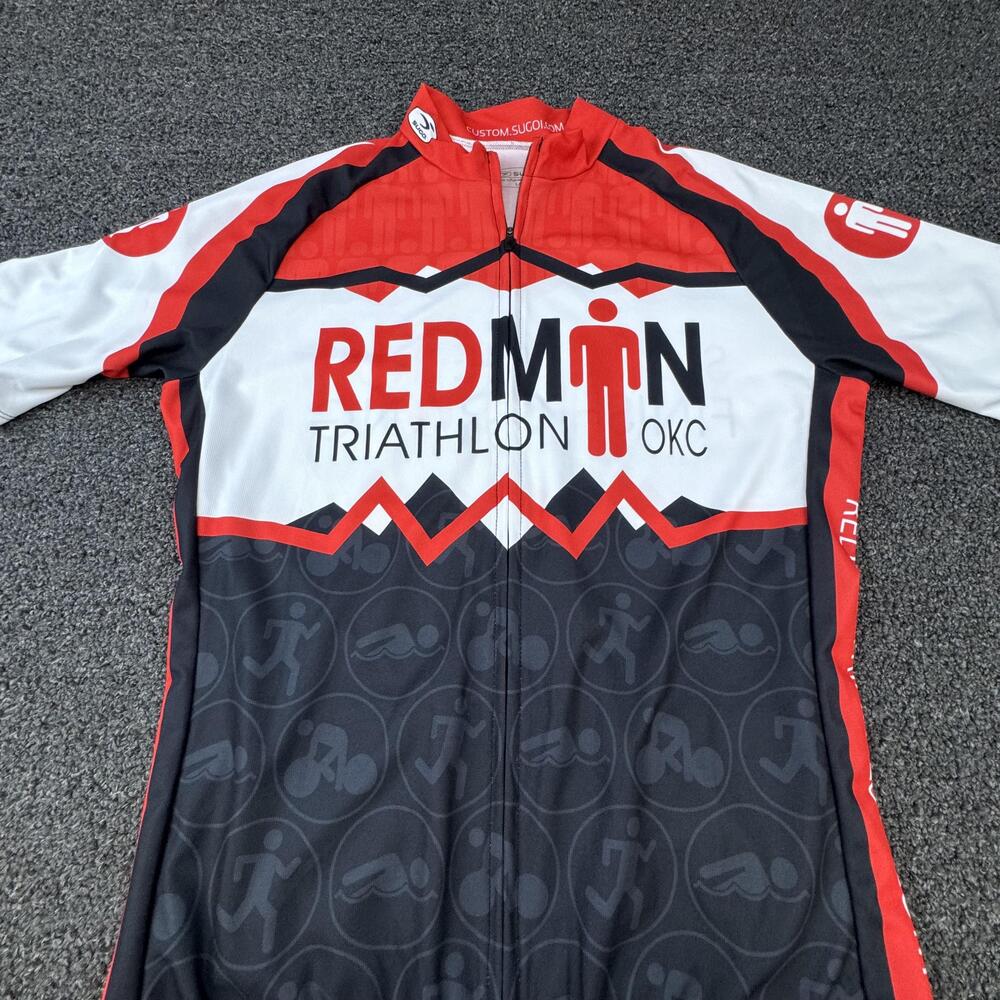Sugoi Jersey Mens L Red Redman Triathlon OKC Full Zip Cycling Performance